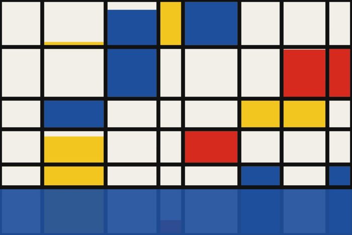 AI-made generative artwork: Composition with pier (after Mondrian). A stylised, animated image of Brighton West Pier, not a photograph.