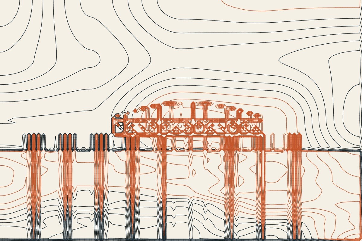 AI-made generative artwork: Contour map of a ruin. A stylised, animated image of Brighton West Pier, not a photograph.