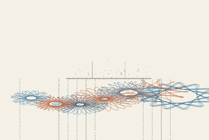 AI-made generative artwork: Spirograph weather. A stylised, animated image of Brighton West Pier, not a photograph.