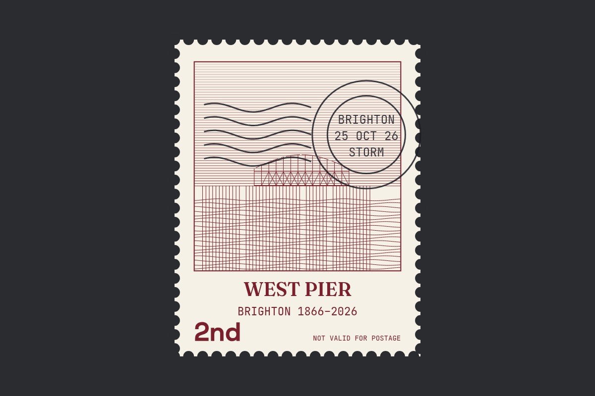 AI-made generative artwork: Second class, not valid for postage. A stylised, animated image of Brighton West Pier, not a photograph.