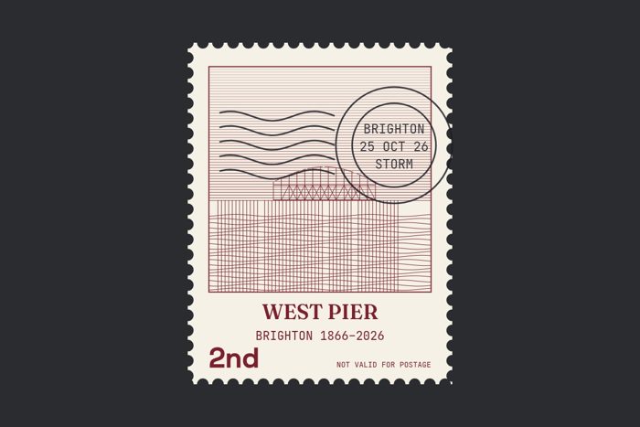 AI-made generative artwork: Second class, not valid for postage. A stylised, animated image of Brighton West Pier, not a photograph.