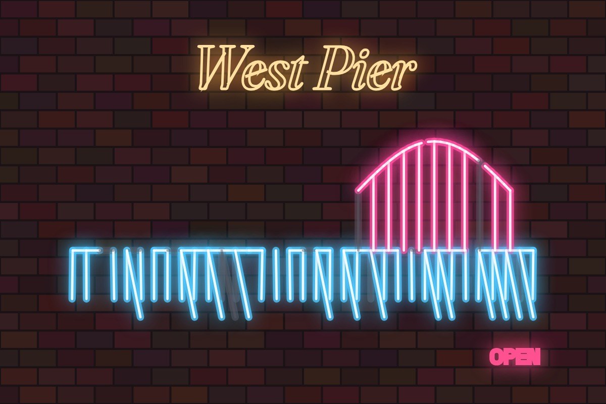 AI-made generative artwork: OPEN (neon). A stylised, animated image of Brighton West Pier, not a photograph.