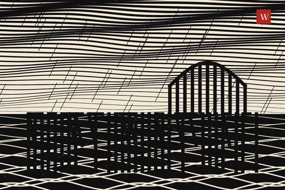 AI-made generative artwork: Woodcut, black and cream. A stylised, animated image of Brighton West Pier, not a photograph.