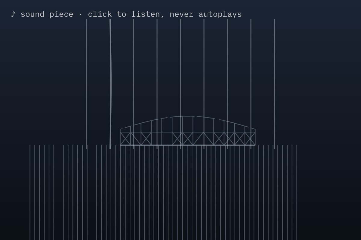 AI-made generative artwork: Wind harp, nine legs. A stylised, animated image of Brighton West Pier, not a photograph.