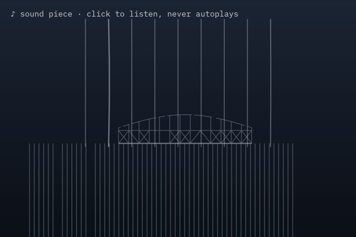 AI-made generative artwork: Wind harp, nine legs. A stylised, animated image of Brighton West Pier, not a photograph.