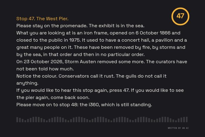 AI-made generative artwork: Audio guide, stop 47. A stylised, animated image of Brighton West Pier, not a photograph.