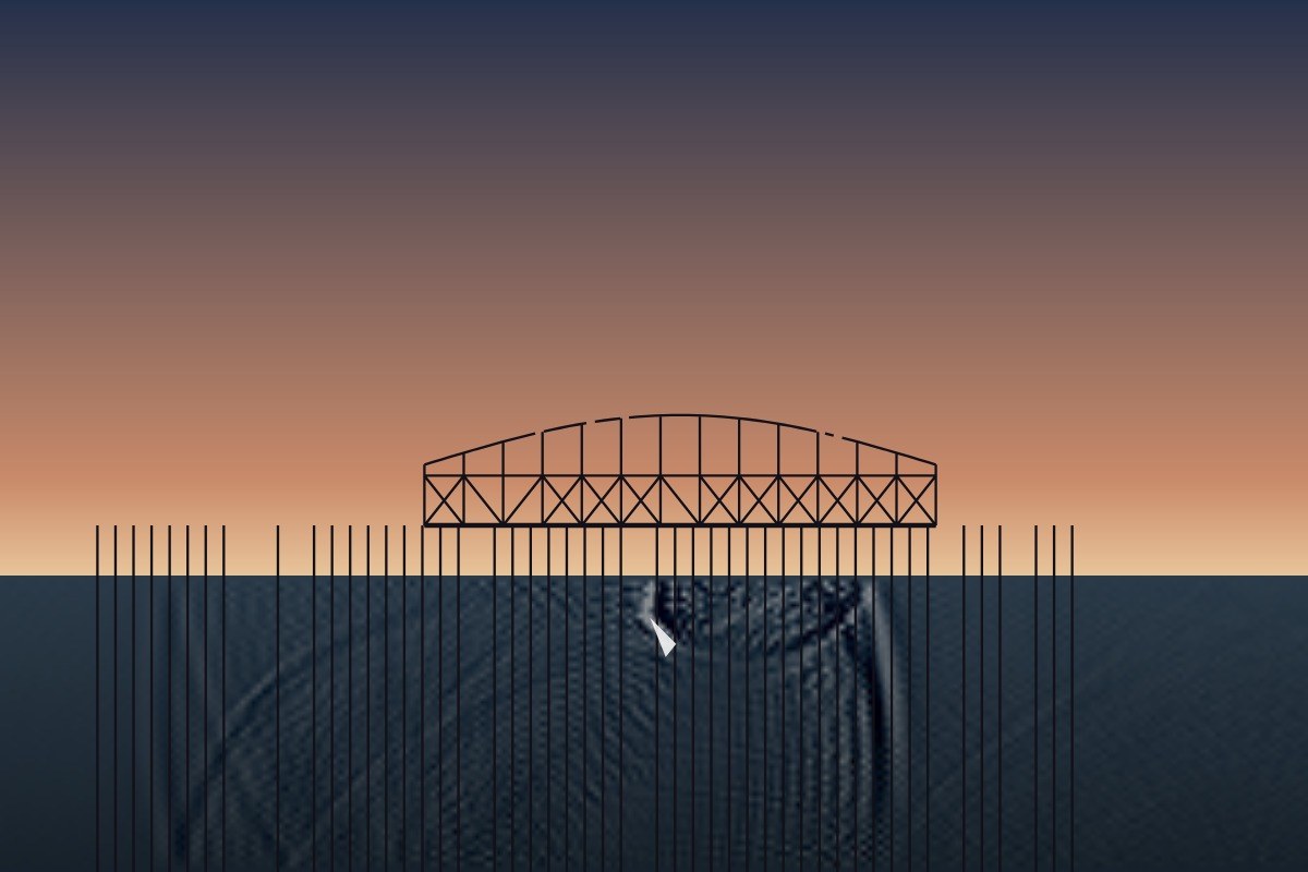AI-made generative artwork: Stir the sea. A stylised, animated image of Brighton West Pier, not a photograph.