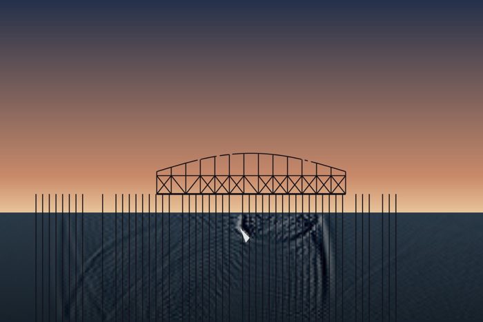 AI-made generative artwork: Stir the sea. A stylised, animated image of Brighton West Pier, not a photograph.