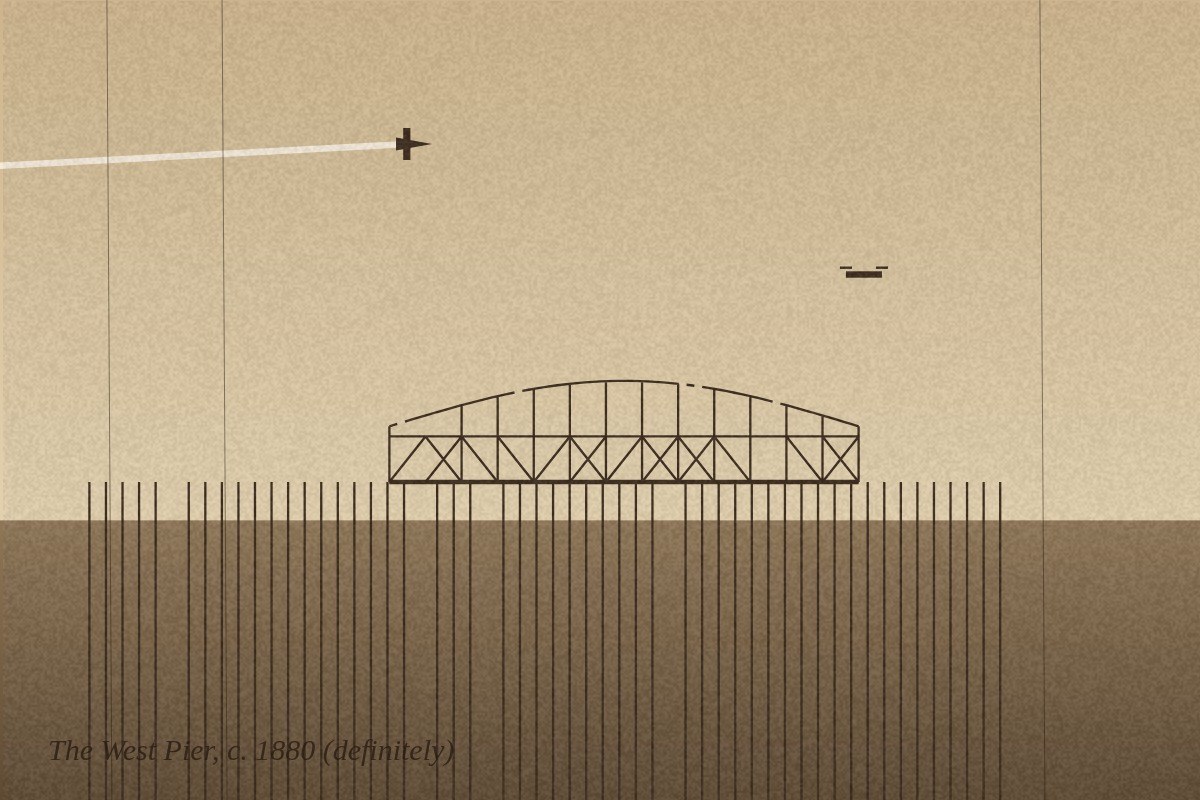 AI-made generative artwork: The West Pier, c. 1880 (definitely). A stylised, animated image of Brighton West Pier, not a photograph.
