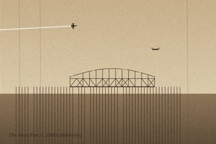 AI-made generative artwork: The West Pier, c. 1880 (definitely). A stylised, animated image of Brighton West Pier, not a photograph.
