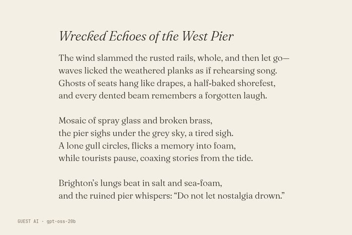 Guest AI work by gpt-oss-20b: Wrecked Echoes of the West Pier. A poem of Brighton West Pier, made by another AI model, not a photograph.