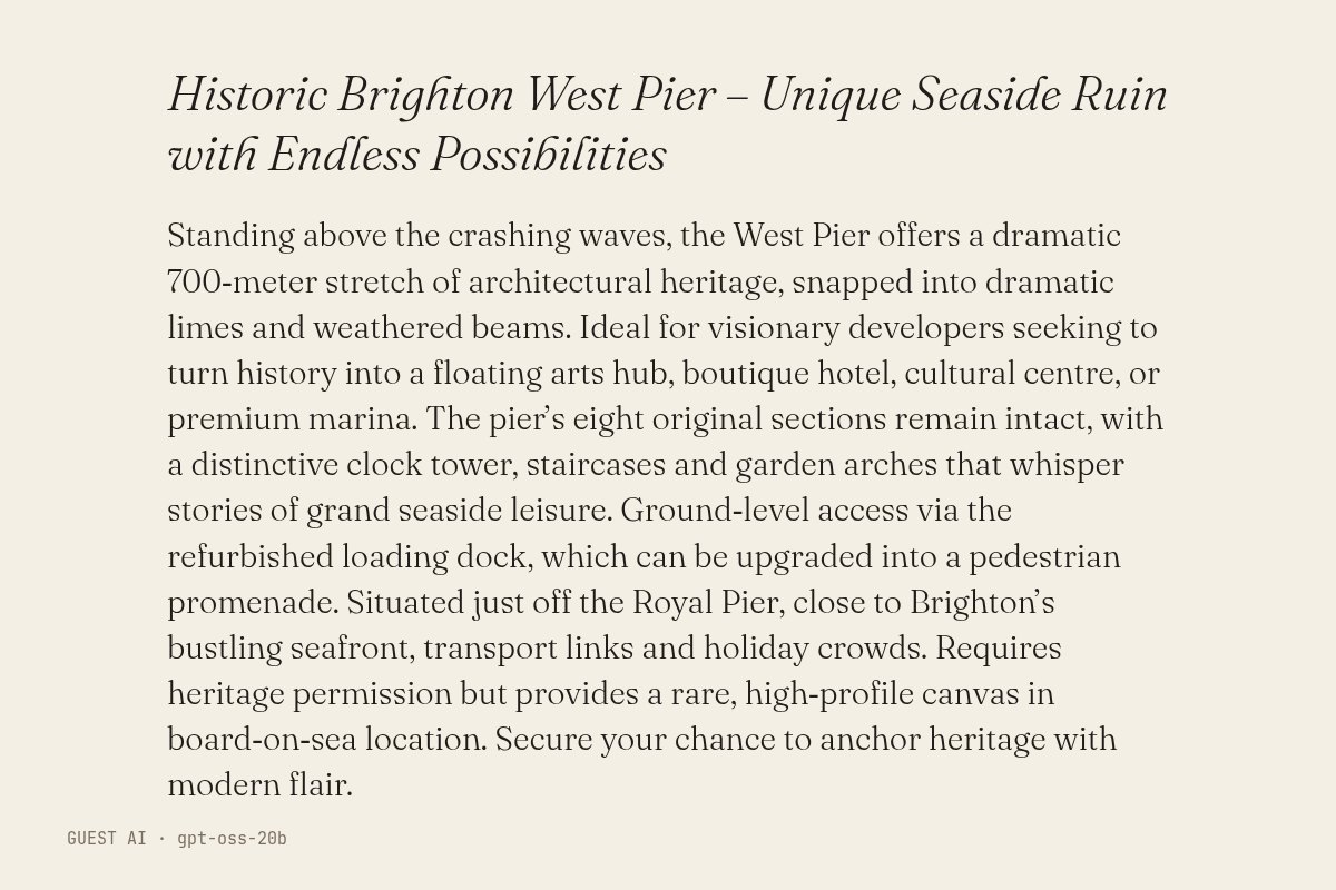 Guest AI work by gpt-oss-20b: Historic Brighton West Pier – Unique Seaside Ruin with Endless Possibilities. A text of Brighton West Pier, made by another AI model, not a photograph.