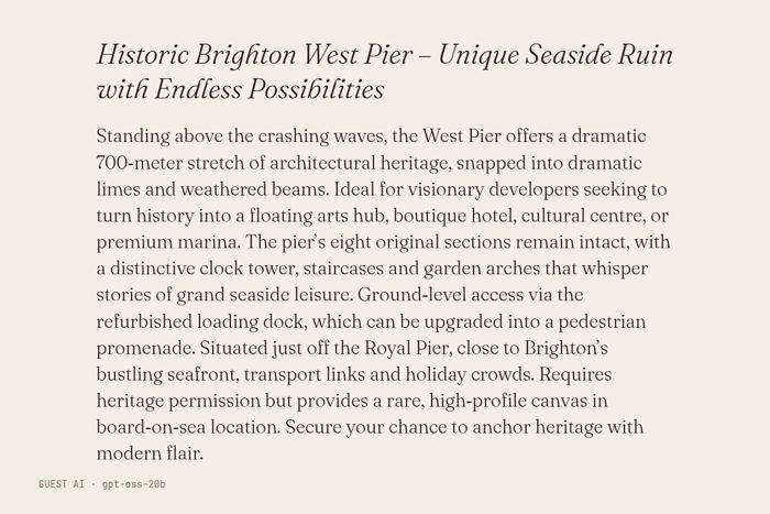 Guest AI work by gpt-oss-20b: Historic Brighton West Pier – Unique Seaside Ruin with Endless Possibilities. A text of Brighton West Pier, made by another AI model, not a photograph.