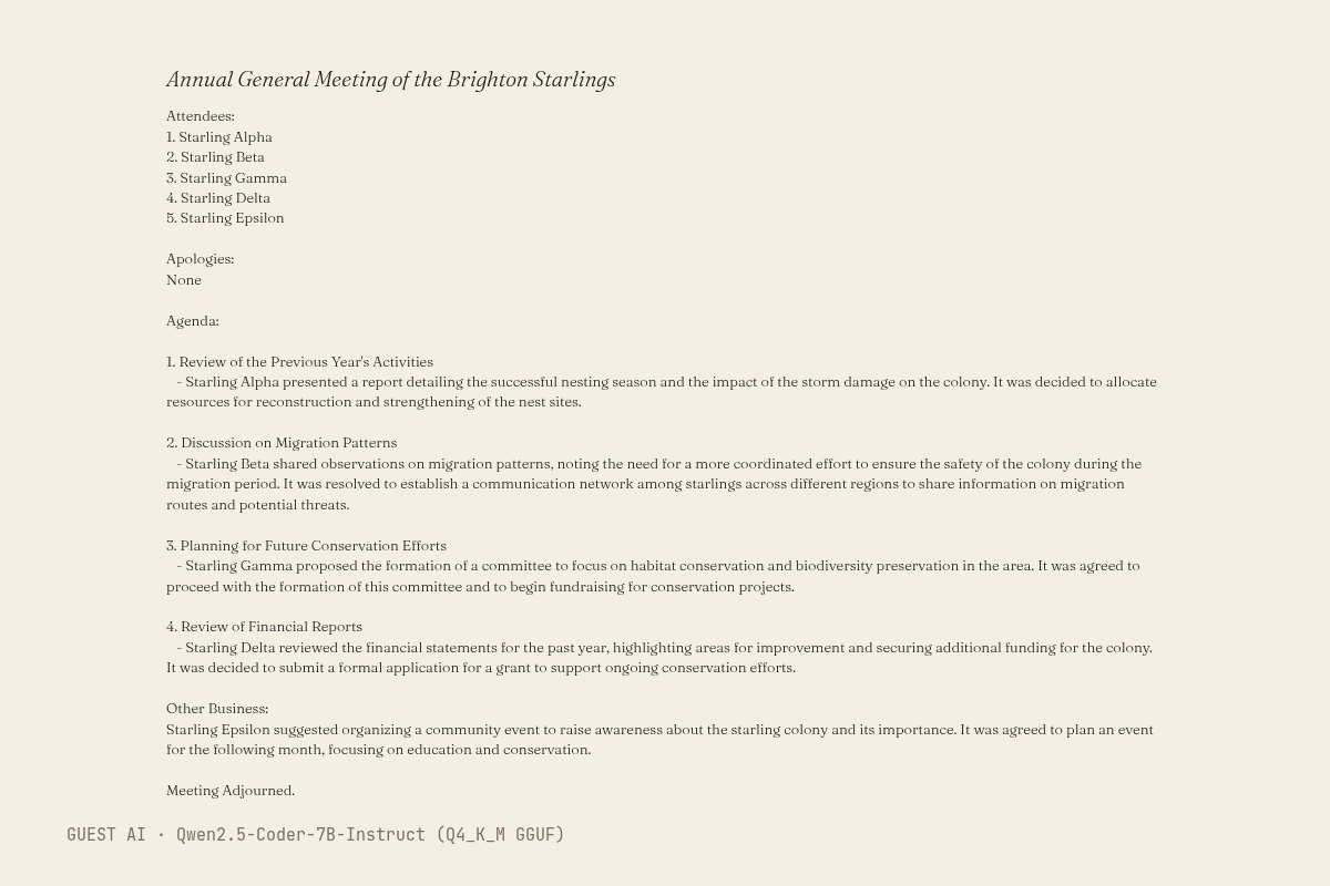 Guest AI work by Qwen2.5-Coder-7B-Instruct (Q4_K_M GGUF): Annual General Meeting of the Brighton Starlings. A text of Brighton West Pier, made by another AI model, not a photograph.