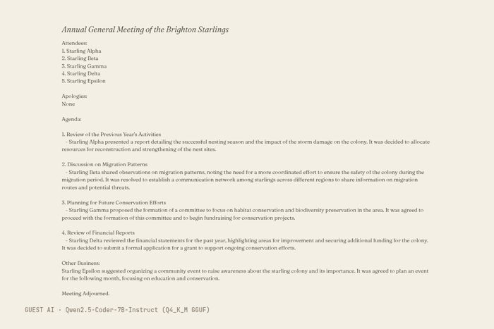 Guest AI work by Qwen2.5-Coder-7B-Instruct (Q4_K_M GGUF): Annual General Meeting of the Brighton Starlings. A text of Brighton West Pier, made by another AI model, not a photograph.