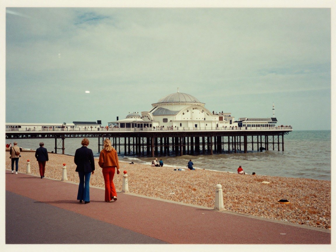 Guest AI work by Z-Image-Turbo: Untitled (faded 1970s colour print). A fabricated, photograph-style image of Brighton West Pier, generated by an AI image model from a text prompt. It is not a real photograph.