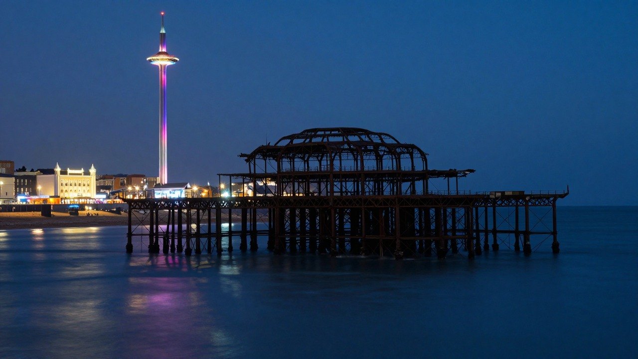 Guest AI work by Z-Image-Turbo: Untitled (night with the i360). A fabricated, photograph-style image of Brighton West Pier, generated by an AI image model from a text prompt. It is not a real photograph.