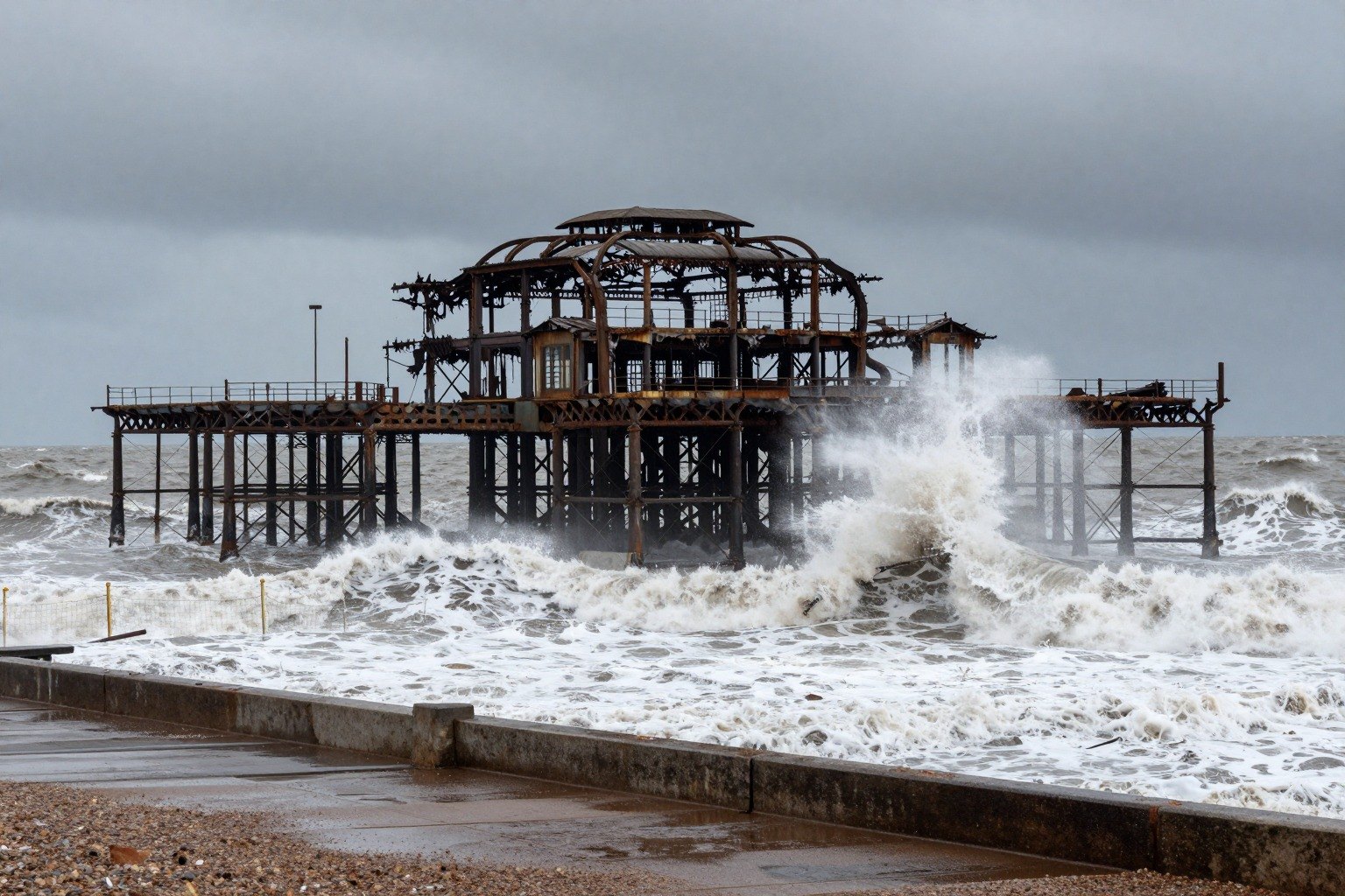 Guest AI work by Z-Image-Turbo: Untitled (storm waves and spray). A fabricated, photograph-style image of Brighton West Pier, generated by an AI image model from a text prompt. It is not a real photograph.