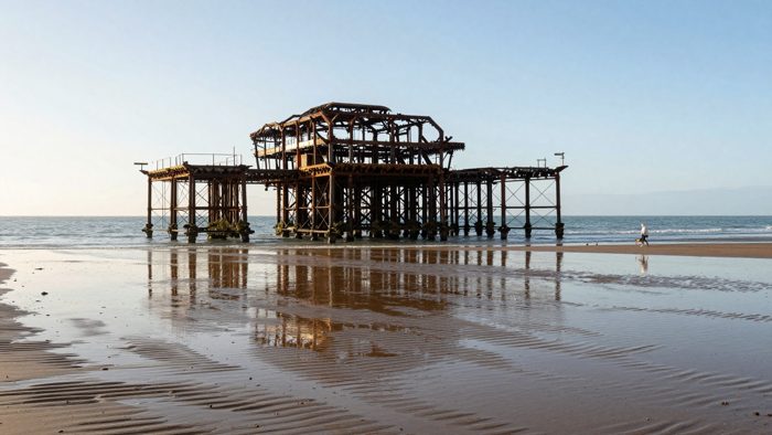 Guest AI work by Z-Image-Turbo: Untitled (low tide, wet-sand reflection). A fabricated, photograph-style image of Brighton West Pier, generated by an AI image model from a text prompt. It is not a real photograph.