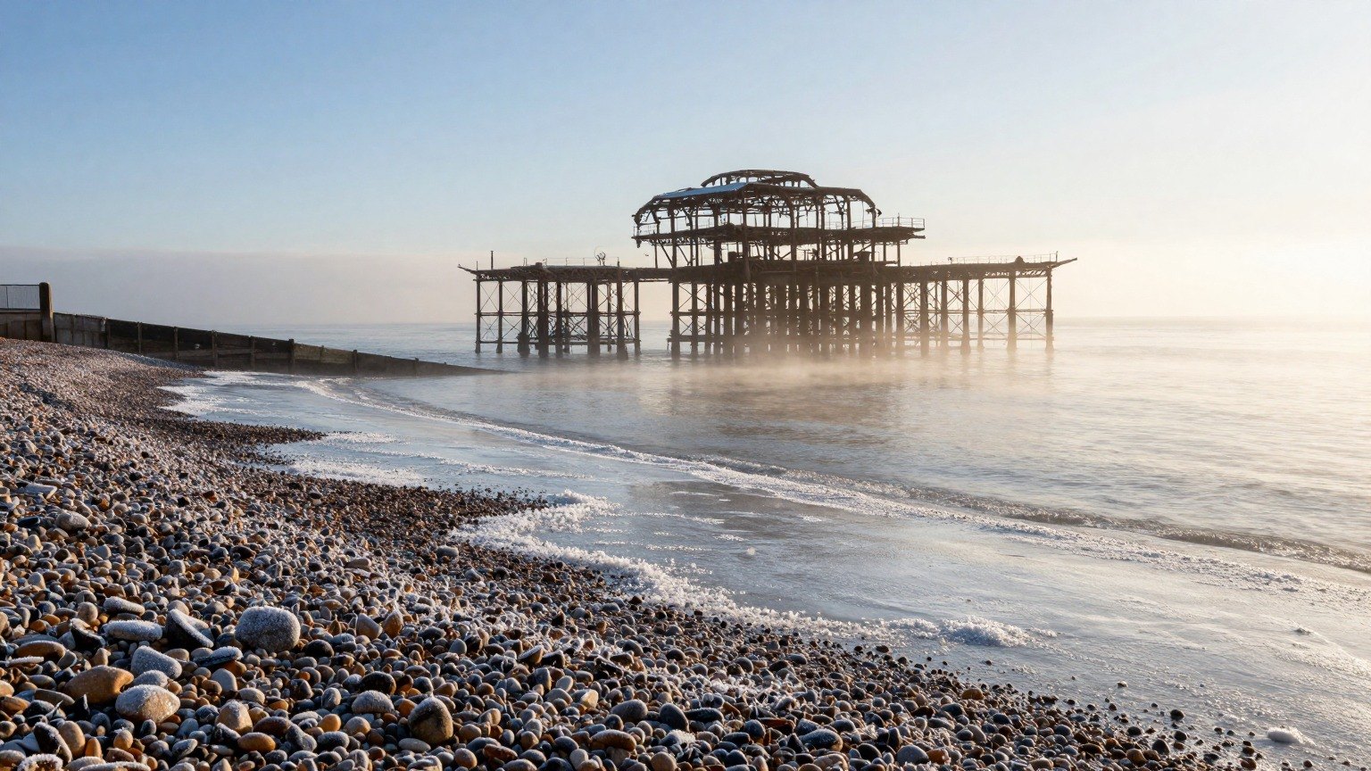 Guest AI work by Z-Image-Turbo: Untitled (frost-white winter morning). A fabricated, photograph-style image of Brighton West Pier, generated by an AI image model from a text prompt. It is not a real photograph.