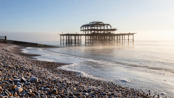 Guest AI work by Z-Image-Turbo: Untitled (frost-white winter morning). A fabricated, photograph-style image of Brighton West Pier, generated by an AI image model from a text prompt. It is not a real photograph.