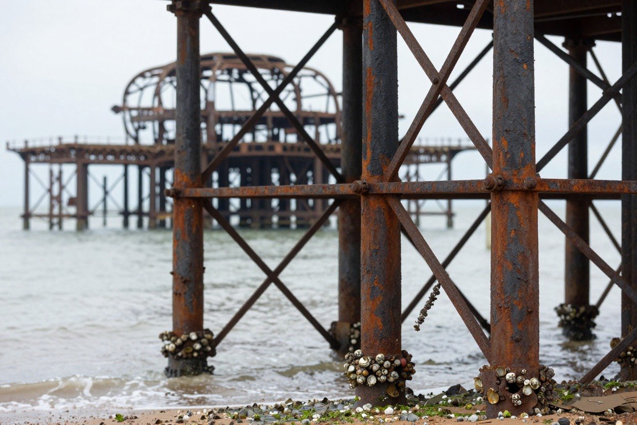 Guest AI work by Z-Image-Turbo: Untitled (rust and barnacles, macro). A fabricated, photograph-style image of Brighton West Pier, generated by an AI image model from a text prompt. It is not a real photograph.
