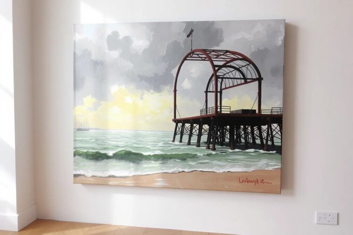 Guest AI work by FLUX.1-schnell: Untitled (oil on canvas). A fabricated painting, drawing or print of Brighton West Pier, generated by an AI image model from a text prompt. It is not a real artwork.