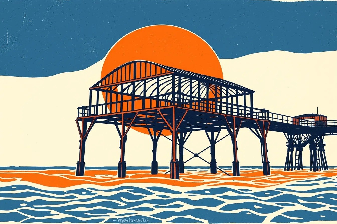 Guest AI work by FLUX.1-schnell: Untitled (three-colour linocut). A fabricated painting, drawing or print of Brighton West Pier, generated by an AI image model from a text prompt. It is not a real artwork.
