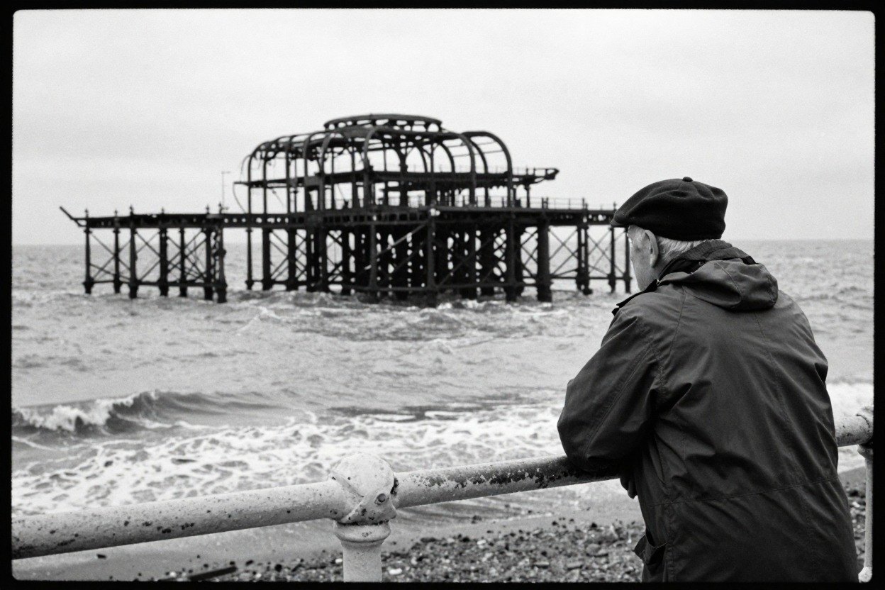 Guest AI work by Z-Image-Turbo: Untitled (man at the railings, Tri-X). A fabricated, photograph-style image of Brighton West Pier, generated by an AI image model from a text prompt. It is not a real photograph.