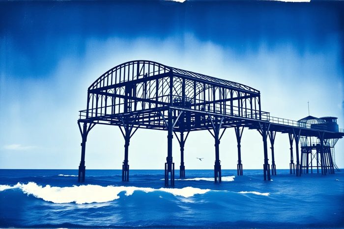 Guest AI work by FLUX.1-schnell: Untitled (cyanotype). A fabricated painting, drawing or print of Brighton West Pier, generated by an AI image model from a text prompt. It is not a real artwork.
