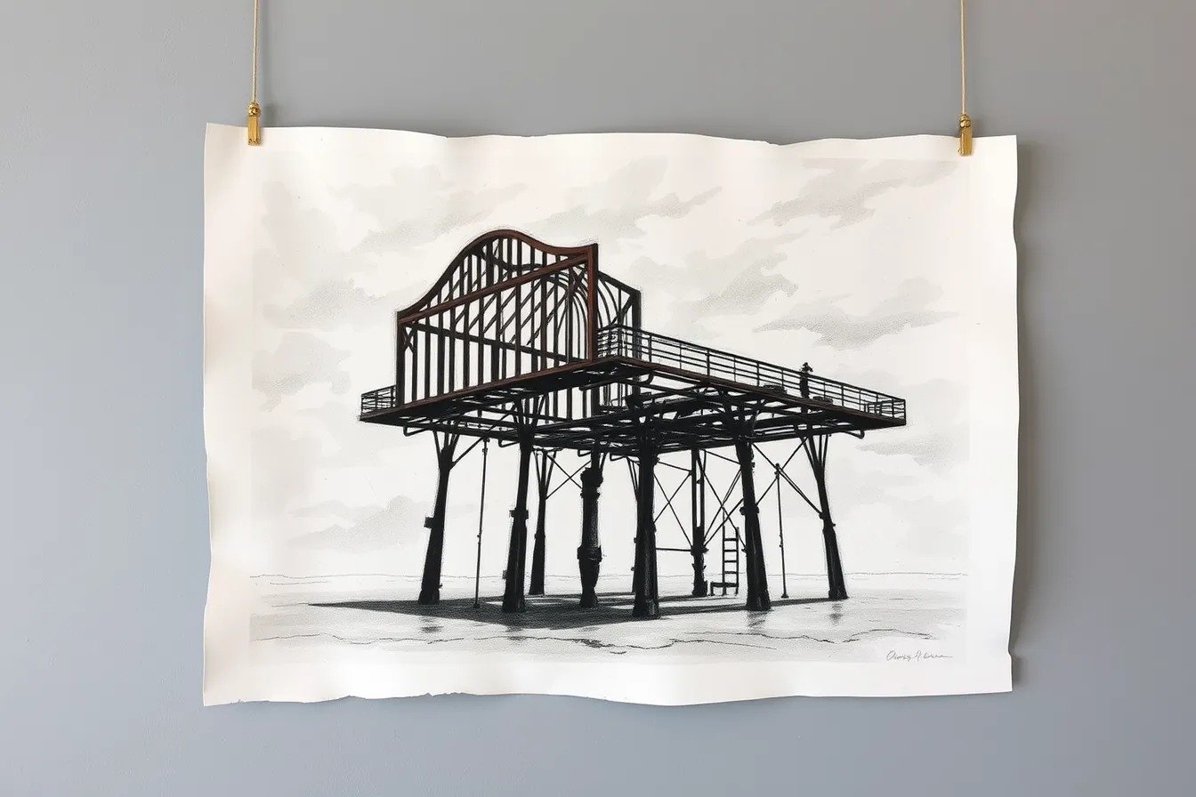 Guest AI work by FLUX.1-schnell: Untitled (charcoal on paper). A fabricated painting, drawing or print of Brighton West Pier, generated by an AI image model from a text prompt. It is not a real artwork.