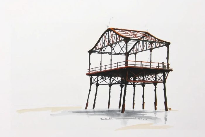 Guest AI work by FLUX.1-schnell: Untitled (watercolour). A fabricated painting, drawing or print of Brighton West Pier, generated by an AI image model from a text prompt. It is not a real artwork.