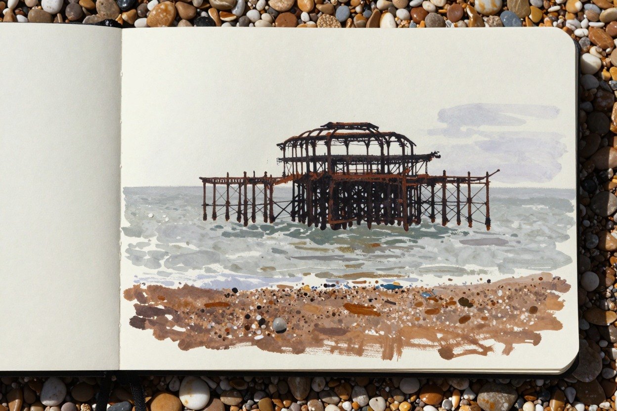 Guest AI work by Z-Image-Turbo: Untitled (gouache in a sketchbook, on the shingle). A fabricated painting, drawing or print of Brighton West Pier, generated by an AI image model from a text prompt. It is not a real artwork.