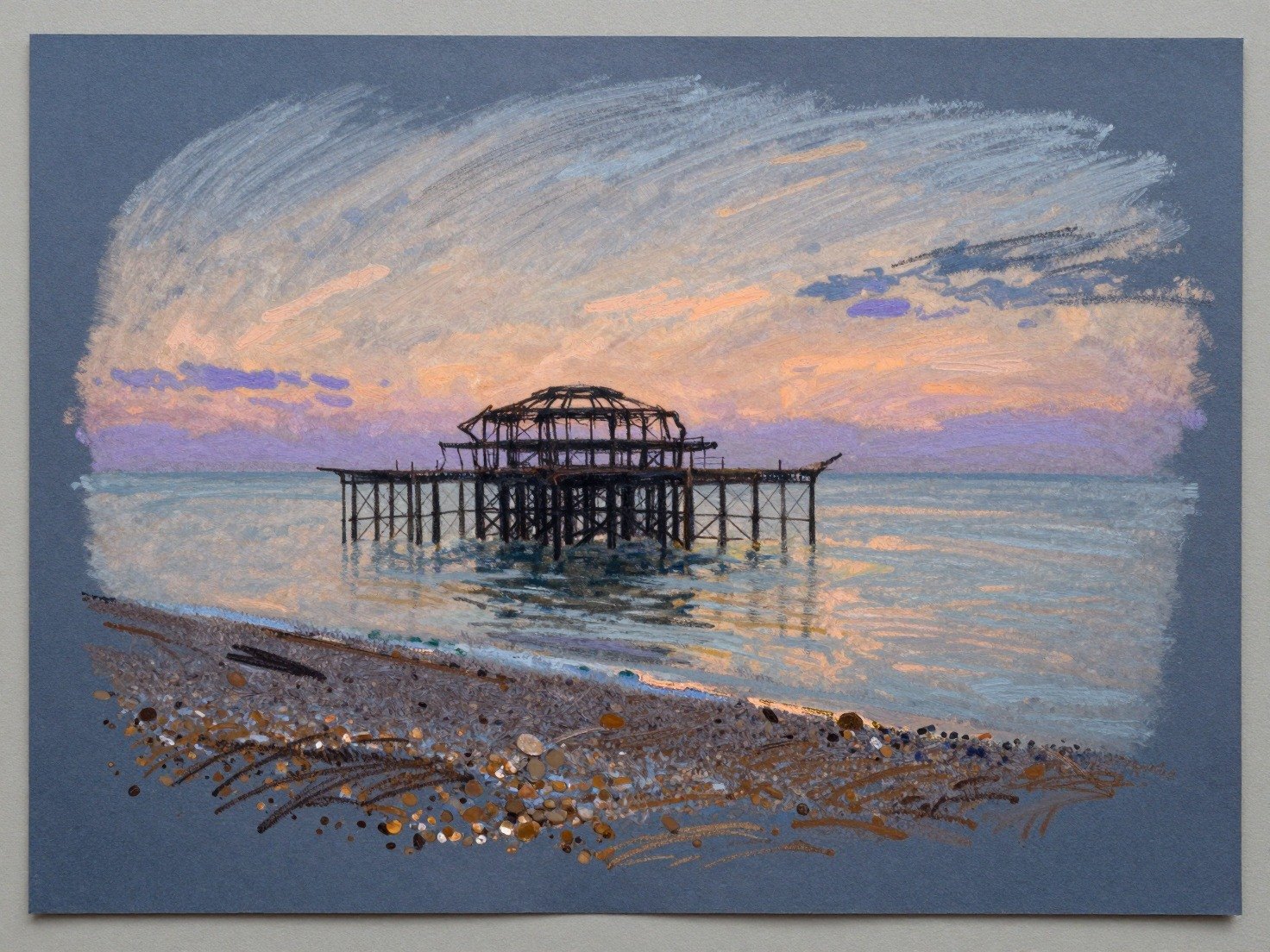 Guest AI work by Z-Image-Turbo: Untitled (soft pastel sketch, twilight). A fabricated painting, drawing or print of Brighton West Pier, generated by an AI image model from a text prompt. It is not a real artwork.