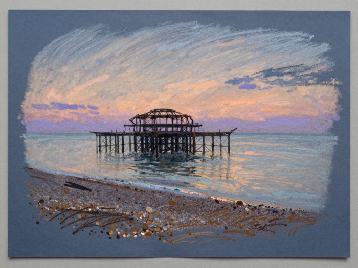 Guest AI work by Z-Image-Turbo: Untitled (soft pastel sketch, twilight). A fabricated painting, drawing or print of Brighton West Pier, generated by an AI image model from a text prompt. It is not a real artwork.
