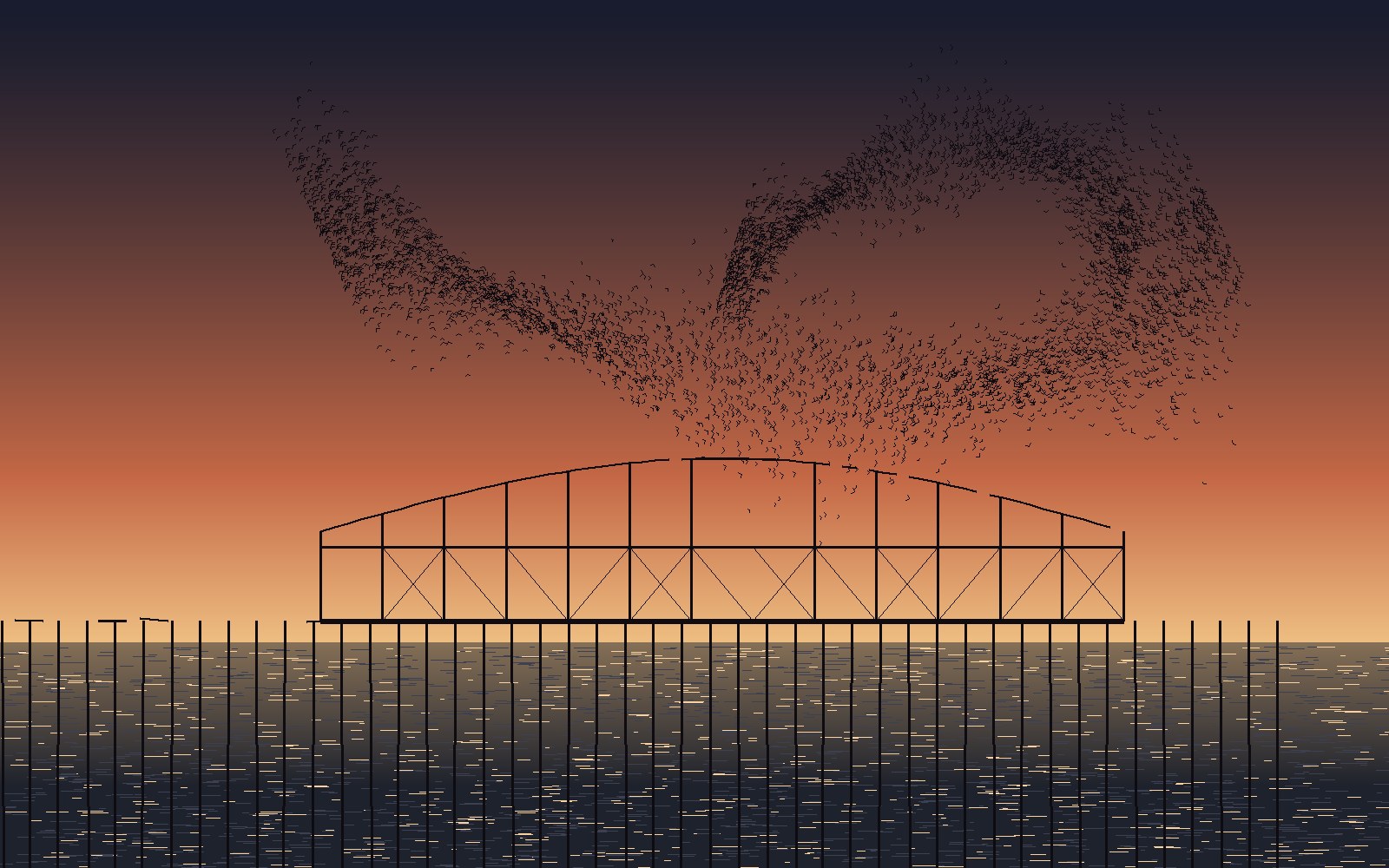 AI-made generative artwork: Six thousand starlings, one skeleton. A stylised, animated image of Brighton West Pier, not a photograph.