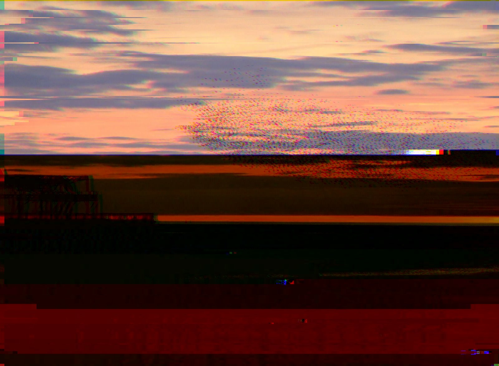 AI-made generative artwork: Sunset, corrupted in transit. A stylised, animated image of Brighton West Pier, not a photograph.