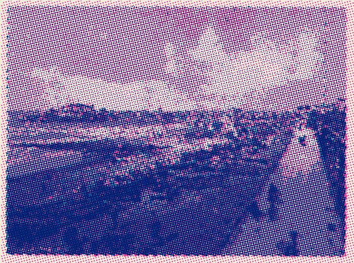 AI-made generative artwork: Photochrom, risographed. A stylised, animated image of Brighton West Pier, not a photograph.