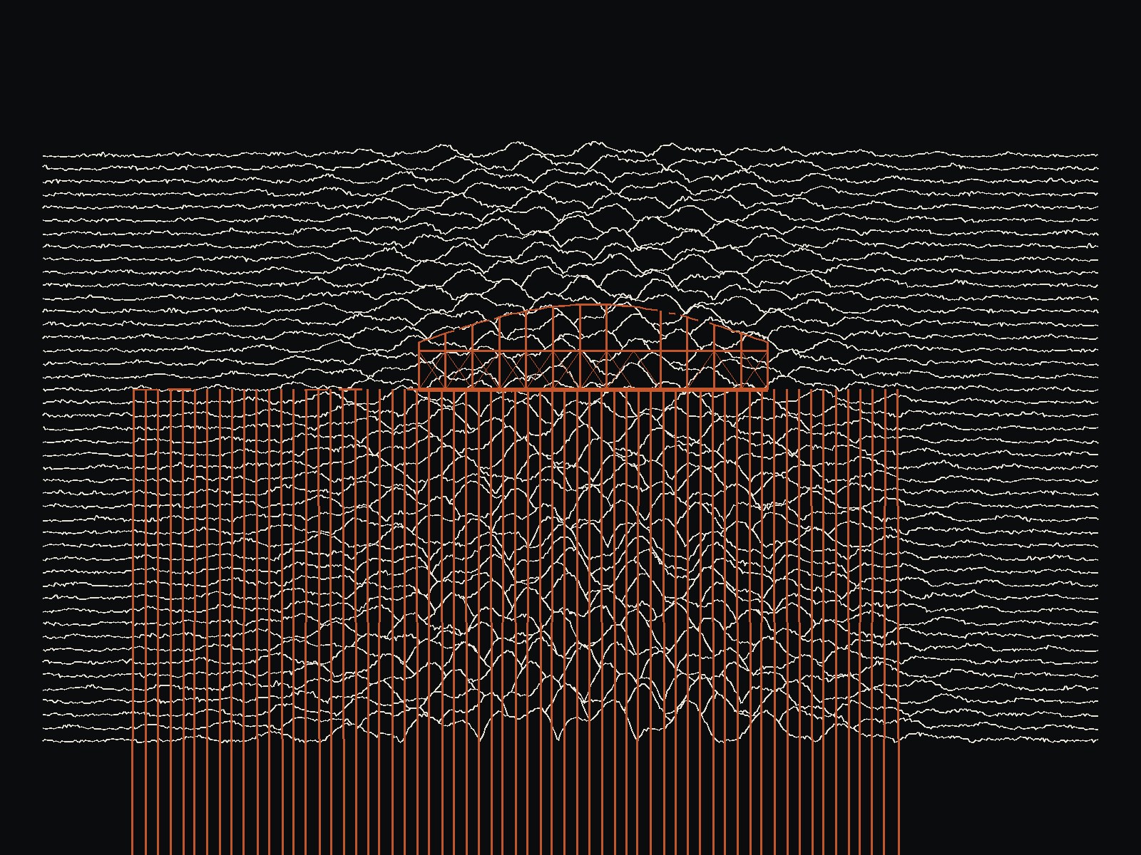 AI-made generative artwork: Forty-six tides. A stylised, animated image of Brighton West Pier, not a photograph.