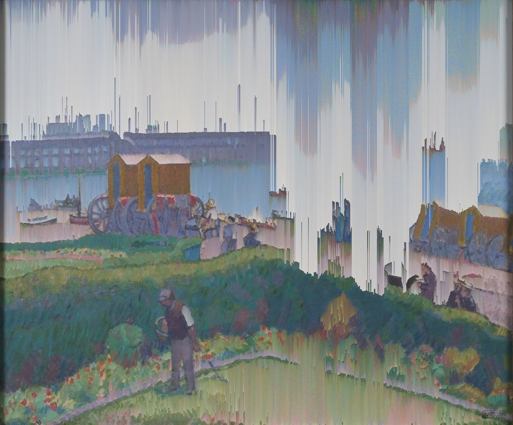 AI-made generative artwork: Gore, after rain (pixel-sorted). A stylised, animated image of Brighton West Pier, not a photograph.