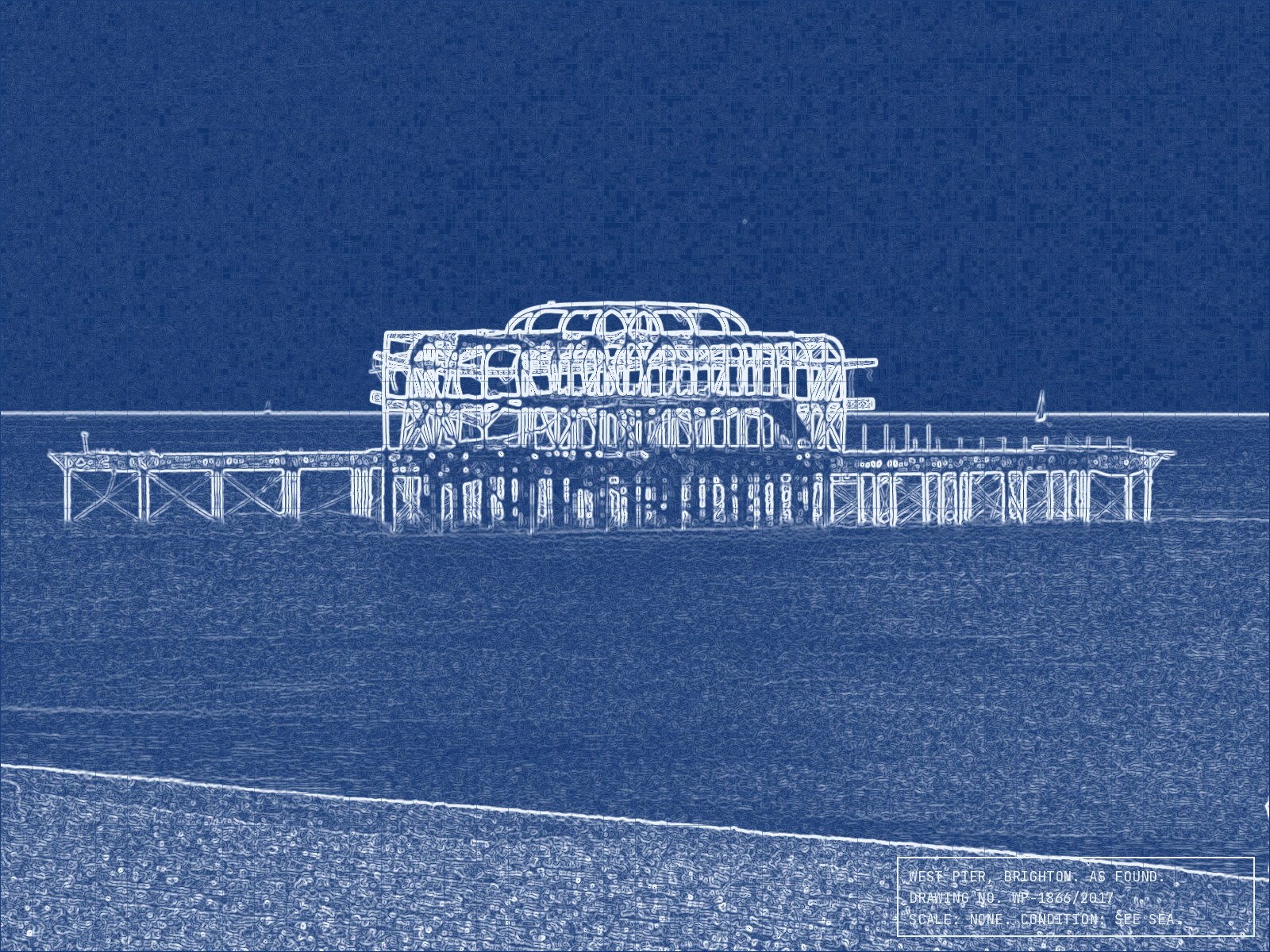 AI-made generative artwork: As-found drawing WP-1866/2017. A stylised, animated image of Brighton West Pier, not a photograph.