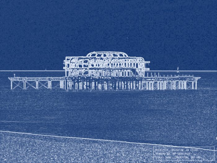 AI-made generative artwork: As-found drawing WP-1866/2017. A stylised, animated image of Brighton West Pier, not a photograph.